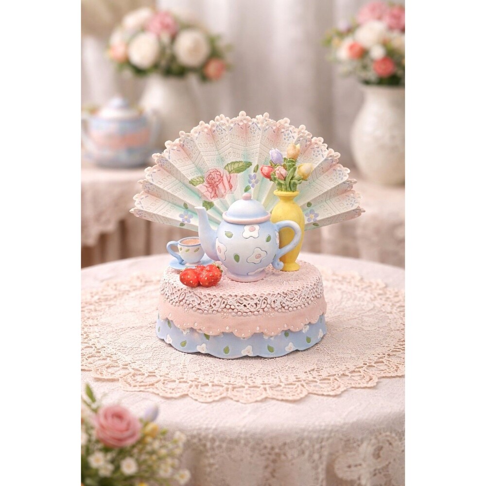 Vintage Tea Party Music Box Pastel Blues Pinks Yellow Asian Fan Shabby Chic Deco